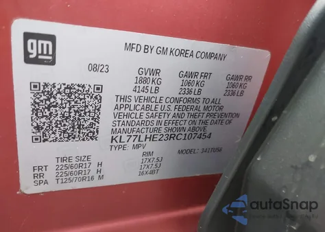 2024 Chevrolet Trax Fwd Lt из США, поврежденный, VIN KL77LHE23RC107454